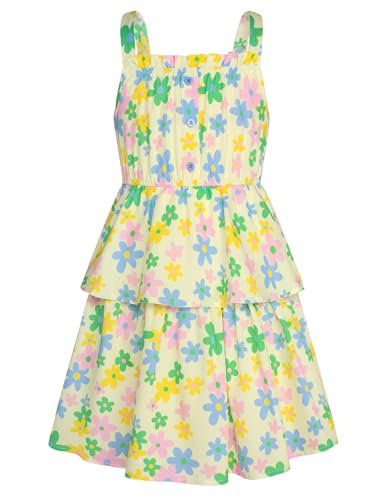 GRACE KARIN Vestido floral de verano para niñas, vestido de princesa acampanado, casual, con tirantes delgados ajustables, dobladillo doble, Floral amarillo., 10-12 años