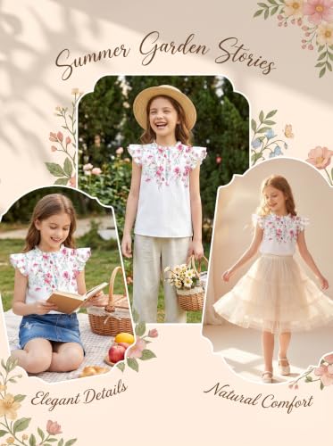 Image of Arshiner Girls Ruffle Short Sleeve Shirts Cute Summer Frill Neck Pleated Textured Blouse Tops