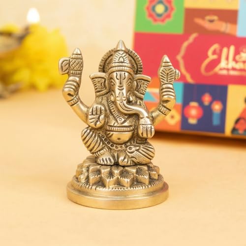 Image of Ekhasa 100% Pure Brass Ganesha Idol with Gift Box | Ganesh Murti Ganpati Idol for Pooja Mandir Home Decor | Religious Housewarming Grah Pravesh Diwali Wedding Gift