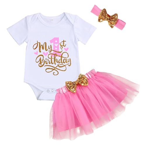 Image of GRNSHTS Baby Girl Birthday Cake Smash Outfit Toddler Girl My 1st Birthday Romper Tutu Skirt with Headband Clothes Set
