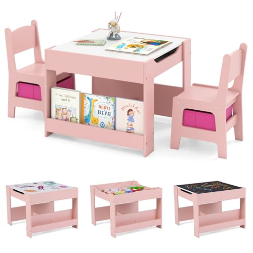 GOPLUS 4 in 1 Kindertisch mit 2 Stühlen, Kindersitzgruppe mit beidseitiger Tischplatte & Seitenregalen & 2 Stoffboxen, Kindermöbel platzsparend für Kinder zum Zeichnen, Lesen & Spielen (Rosa) GOPLUS 4 in 1 Kindertisch mit 2 Stühlen, Kindersitzgruppe mit beidseitiger Tischplatte & Seitenregalen & 2 Stoffboxen, Kindermöbel platzsparend für Kinder zum Zeichnen, Lesen & Spielen (Rosa)