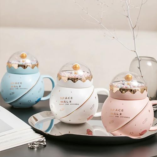 Image of KRESHU Space Walk Astronaut Ceramic Coffee Mug | Galaxy Planet Theme Tea Cup with Airtight Pearl Lid, Cute Bubbles Design, Heavy Quality Milk Coffee Mug for Kids (Multi, 1-pcs)