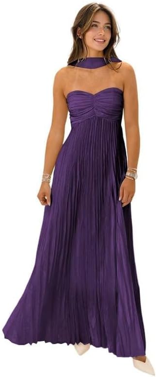Womens Chiffon Bridesmaid Dresses with Scarf Long Strapless Prom Dresses 2025 Pleated Wedding Guest Dress B21