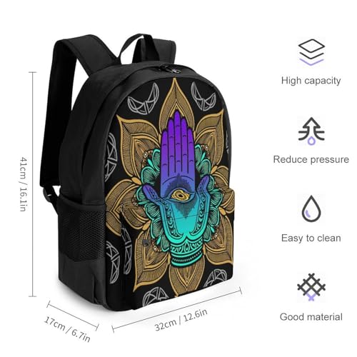 Supdreamc Men Women Polyester Multicolor Hamsa Hand Ornate Amulet Lotus Ethnic Indian Art Casual Daypack Large Capacity Carry On Bag With Adjustable Shoulder Straps for Camping Work Running2