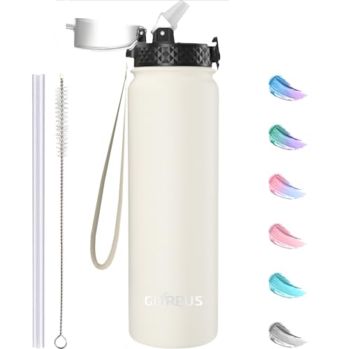 GOPPUS 1L/32oz Thermosflasche mit Strohhalm Doppelschicht Edelstahl Trinkflasche 1 Liter Isolierflasche Auslaufsicher Sport Wasserflasche Kohlensäure Water Bottle Trinkflaschen BPA-frei Wasser Flasche