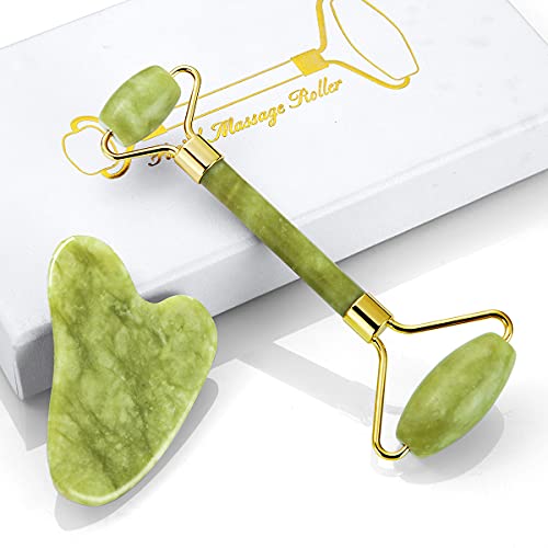 Jade Roller & Gua Sha Set Natural Jade Stone Facial Beauty Tools Relieve Wrinkles Aging, Neck and Eye Treatment Facial Roller for Skin Care Routine - Noiseless Design