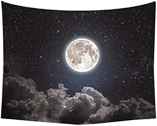 Moon Stars Wall Tapestry Outer Space Galaxy Tapestry Universe Starry Night Sky and White Cloud Tapestry Dark Blue Psychedelic Art Decor Wall Hanging for Dorm Living Room Bedroom (150X170cm)
