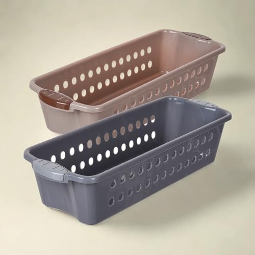 Image of Heart Home Pack of 2 Storage Basket | Storage Organizer for Refrigerator-Vegetables-Stationery | Multipurpose Cabinet Shelf Rack | Storage Box for Kitchen | JAWA-2 | Medium | Gray & Peach
