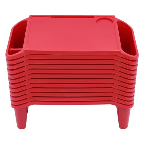 12Pcs Kids Lap Desk Tray,Portable Lap Bed Table with Side Pockets,Plastic Breakfast Laptop Trays for Eating, Writing, Drawing, Game (Red)