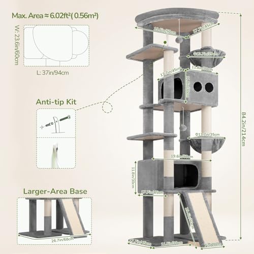 Image of Globlazer Extra Tall Large Cat Tree, 84in Multi-Level Cat Climbing Tower for Indoor Cat Large Adult, Widened Condo with Scratch Board, 7 Scratching Posts, Padded Perch, Metal Basket, S84E, Light Grey