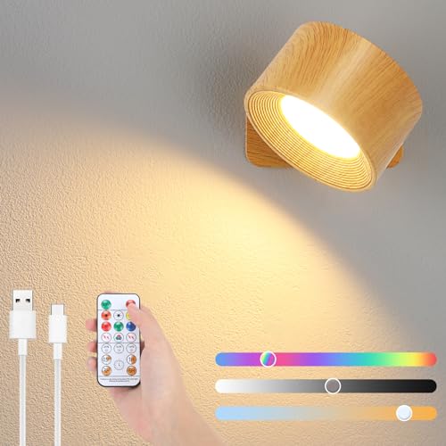 Lightsjoy Lámpara de Pared Interior Recargable Aplique Pared Pilas Control Remoto Táctil Iluminación con rotación de 360° Luz de pared RGB 3 Colores Temperatura Dormitorio Sala de estar Lectura