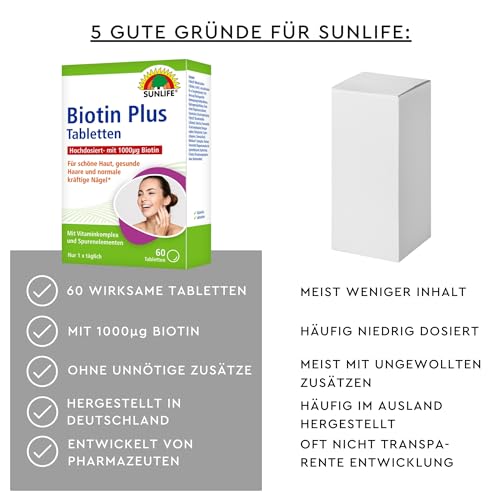 SUNLIFE Biotin Plus 1000 Tabletten - 1 x 60 Stück - Biotin hochdosiert mit Vitamin C & Zink - hochwertige Biotin Zink Tabletten - gluten- & laktosefreie Haar & Nägel Tabletten zur täglichen Anwendung