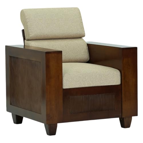 Image of Royaloak Mourya Wooden Single Seater Sofa with Beige Colour Cushion | Solid Wood | Fabric | Molded Cushions | Durable & Long Lasting | Emperor Collection