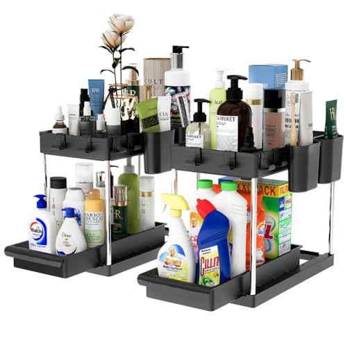 BAKAJI Set 2 Organizer Sottolavello per Bagno e Cucina con Cassetto Scorrevole, Scaffale Cestello Scorrimento Salvaspazio 2 Ripiani, Scaffalatura Sotto Lavello Portaoggetti Ripiano Estraibile (Nero)