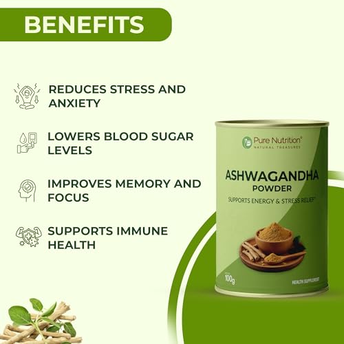 Image of Pure Nutrition Ashwagandha Powder 100g | Ashwagandha Supplements Supports Stress Management, Sleep, Fertility, Immunity, Vitality & Strength | Amukkara Kizhangu Choornam | USDA Organic Certified