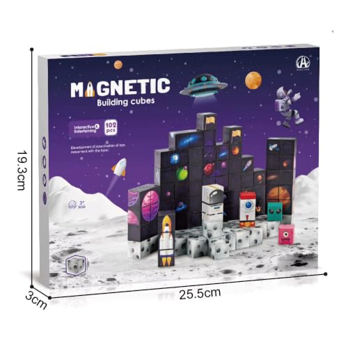 Image of Magnetic Building Blocks for Kids, 3D Magnetic Tiles Construction Set, STEM Educational Learning Toy, Creative Building & Pretend Play Toy for Boys & Girls 3+ Years (102 PCS Space Theme Magnetic Cube)