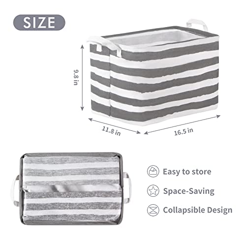 Consmos Rectangle Storage Baskets For Organizing Shelves Set Of 3, Collapsible Canvas Storage Bins Nursery Hamper Toy Storage Organizer With Handles For Toys Books Clothes, Gray& White Stripe #TOP1