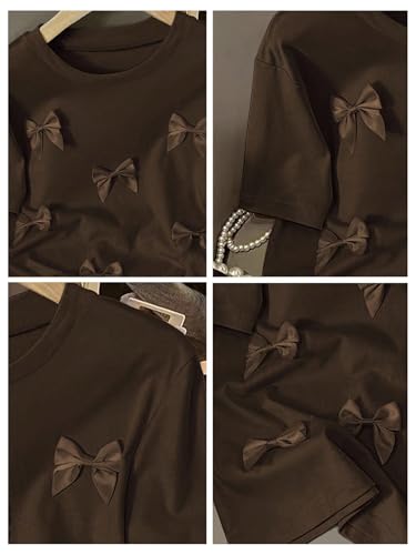 Image of RoseSeek Women's Bow Print Short Sleeve Round Neck Oversized Tops Basic Loose Fit Drop Shoulder Tees for Summer
