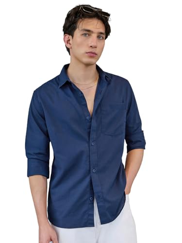 Image of Bewakoof Mens Solid Regular Fit Full Sleeve Collar Cotton Linen Blend Shirt