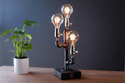 Cactus Industrial Steampunk table pipe lamp with Globe Edison bulb and wood base