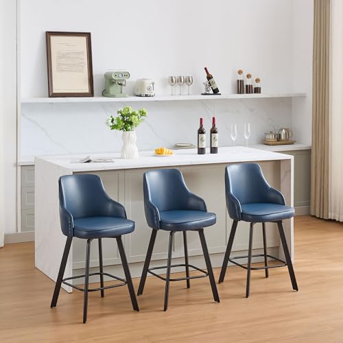 Image of Swivel Bar Stools Set of 3, 26 inch Faux Leather Counter Stools with High Back