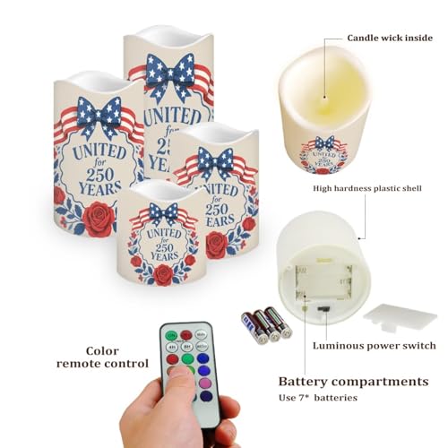 Image of United for 250 Years Fake Candles Flowers Independence Day Battery Led Lights Fourth of July LED Flickering Remote Control Candle Decors for Patio Porch Mantle, 4 Pack