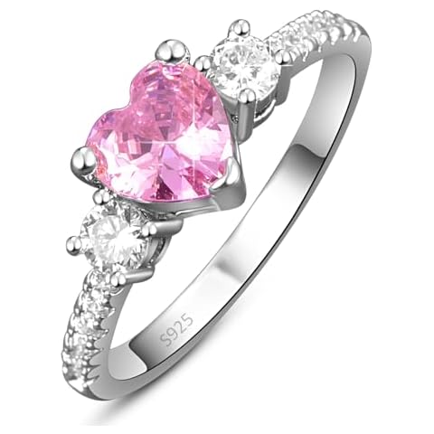 Merthus 925 Sterling Silver Rings for Women, Lovely Heart Engagement Ring, Simulated Pink Topaz Stackable Wedding Band Promise Ring for Her Cover