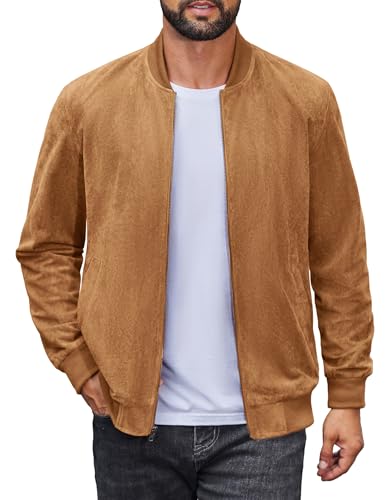 COOFANDY Men's Lightweight Suede Bomber Jackets Casual Varsity Jacket Vintage Faux Leather Jackets
