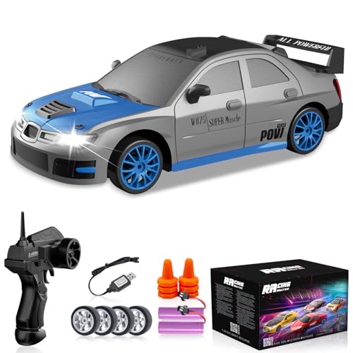 YUAN PLAN RC Drift Car, 1/24 2.4GHz 4WD Remote Control Car High Speed Drift RC Cars with LED Lights, 2 Rechargeable Battery and Drifting Tires Racing Toy Cars for Kids Boys Girls Adults(Grey)