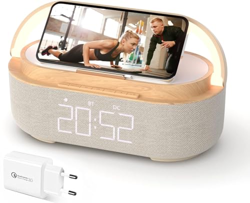 COLSUR Radio Despertador Digital con Carga Inalambrica, FM Radio con Puerto de carca USB, Pantalla LED Ajustable, Luz Nocturna, Bluetooth (Wooden)