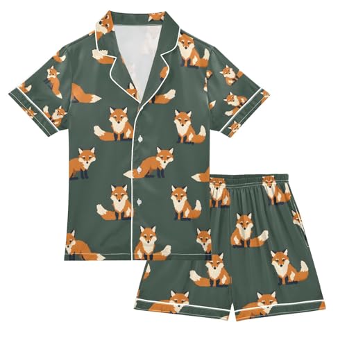 senya Fox Brown Q Satin Summer Pajama Sets Silk Short Sleeve Button Down Sleepwear