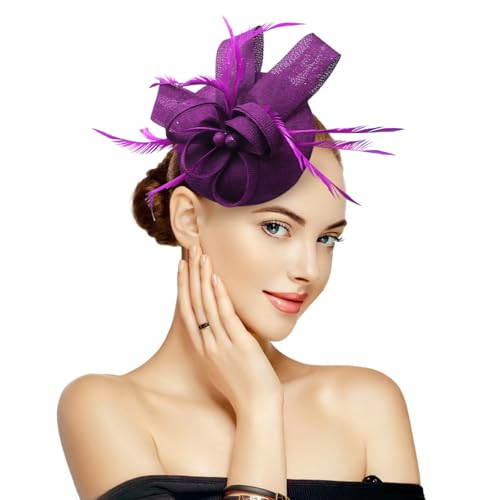 Handmade Women's Pillbox Derby Fascinators Hat, Vintage Tea Party Headpiece with Feather Hair Clip, Elegant Formal Fashion Headwear for Bridal, Wedding, Church, Cocktail Evening Accessories Purple Red