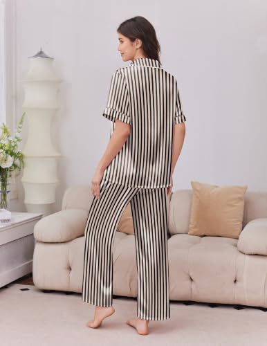 Image of Ekouaer Silk Satin Pajamas for Women Set 2 Piece Short Sleeve Button Up Pjs | Two Side Pockets,Soft Bridesmaid Lounge Set,Bridal Ruffle Sleepwear,Wedding Party,Honeymoon Vacation,Postpartum