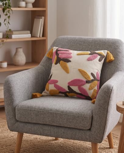 Image of Furnistitchs Handmade Cotton Bohemian Home Decor Cushion Cover 24x24 inches / 60x60 cms - Boho Chic Couch Sofa Throw Living Room Bedroom Cushions (2, Pink Leaves)