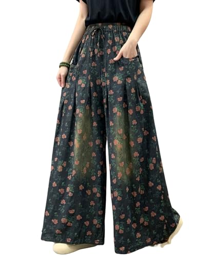 chouyatou Women's Floral Wide Leg Denim Pants Adjustable Drawstring Baggy Elastic Waist Culotte Jeans