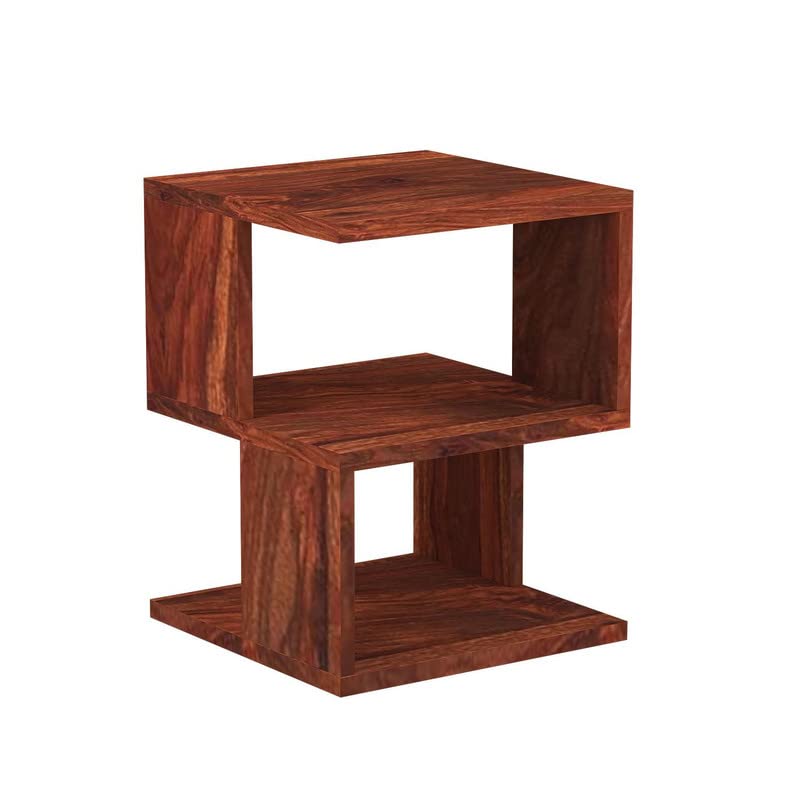 Image of Solid Wood Sheesham Sofa Side Table with 2 Open Shelf - Honey Finish