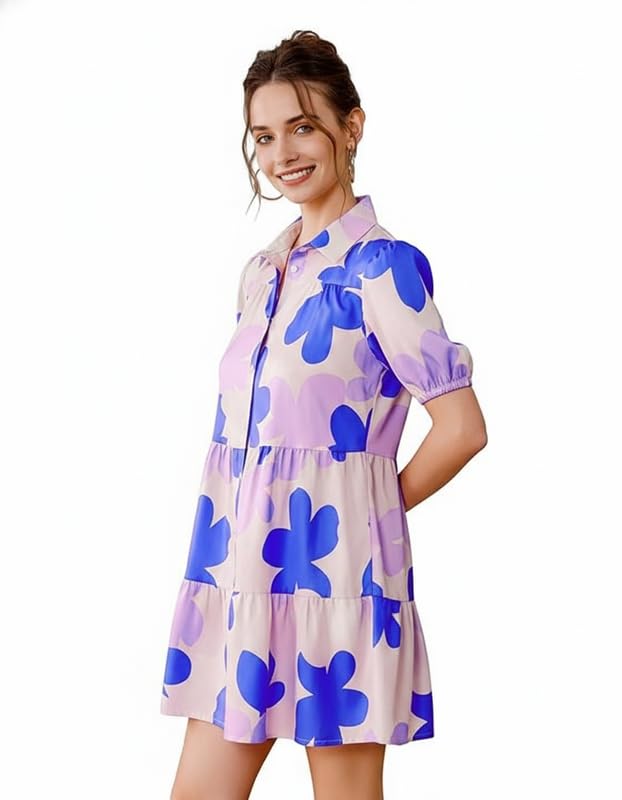 Image of Women's Fit and Flared Shirt Midi Dress with Collar Neck & Short Sleeves - Rayon Casual Dress