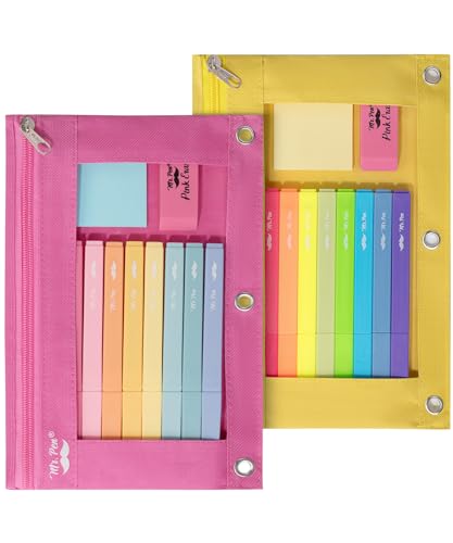 Image of Mr. Pen- Pencil Pouch for 3 Ring Binder, 2 Pack, 10 inchx6.75 inch, Smooth Zipper | Clear Window, Large Capacity Pencil Case with 3 Reinforced Grommets for School, Office, Supplies Storage | Clear Window, Large Capacity Pencil Case with 3 Reinforced Grommets for School, Office, Supplies Storage