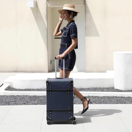 Image of Vintage PU Leather Luggage Set, Retro Trunk Suitcase with Wide Aluminum Frame, TSA Key Locks and Smooth 360 Spinner Wheels (Midnight Navy,26 inch+12 inch)