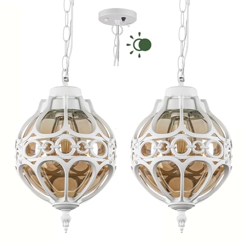 Dusk To Dawn Globe Outdoor Pendant Lights, White Porch Hanging Lantern Pendant Lighting, Outside Aluminum Waterproof Adjustable Ceiling Light, Vintage Amber Glass Exterior Chandelier 2 Pack
