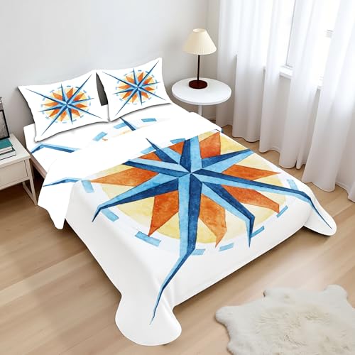 Ambesonne Compass Sheet Set, Watercolor Directions North South East West Windrose Pathfinding Work of Art, Fitted and Flat Sheet with Pillowcases Bedding Accent 4 Piece Set, Full, Burnt Sienna Blue