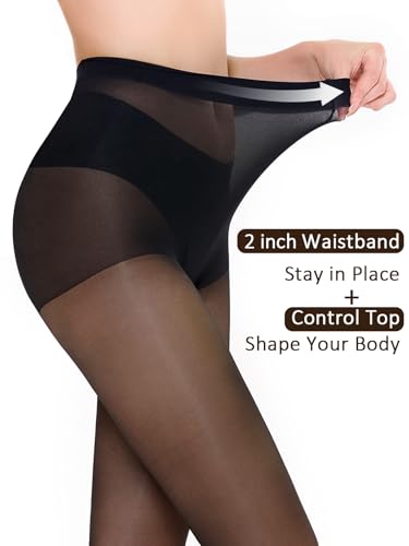 Jamieya 2 Pairs Black Sheer Tights for Women, 20D Control Top Pantyhose Stockings Tummy Control Under Dress4