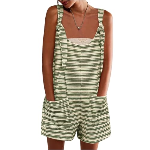 Summer Rompers for Women 2025 Striped Linen Short Overalls Tie Shoulder One Piece Short Jumpsuits with Pockets Wide Leg Rompers Baggy Sleeveless Overalls for Women Loose Fit Colorful Shortalls