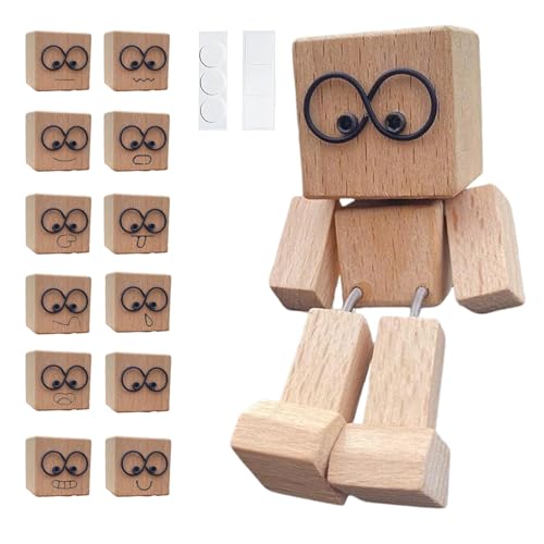 TELAOBAN Holzfigur die sich bewegt Auto-Dekorationsfigur mit 12 magnetischen Gesichtsausdrücken Wackelmann aus Holz