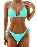 Holipick Two Piece Triangle Bikini Sets for Women String Bathing Suit Halter Top with Side Tie Bikini Bottom Turquoise