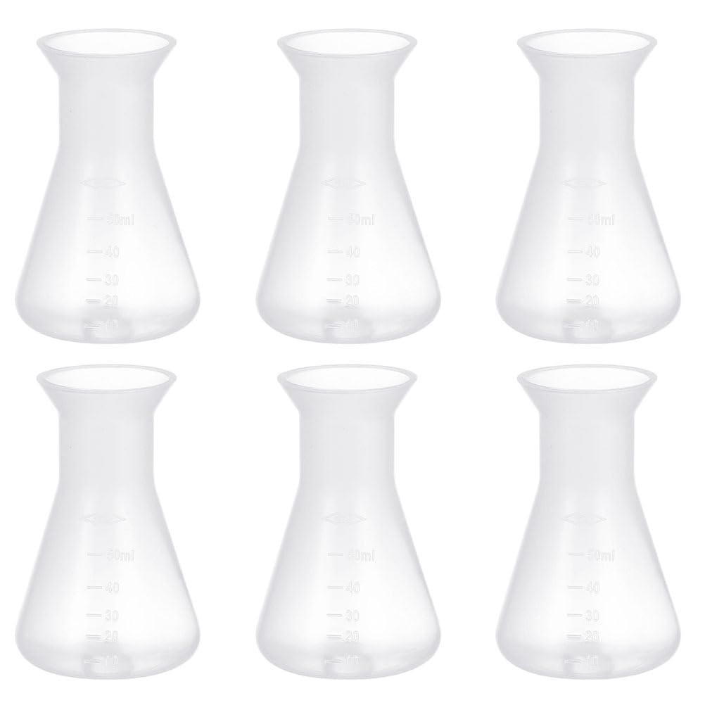 ULTECHNOVO Plastic Conical Flask 50Ml with Scale and Cover Clear Erlenmeyer Flask for Laboratory Chemistry Experiments Stable Base for Accurate
