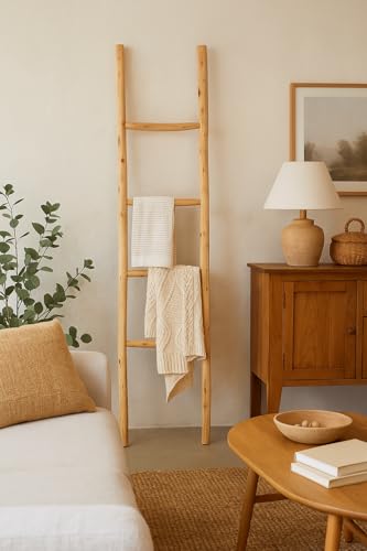 Biscottini Escalera toallero baño 168 x 36 x 3 – Escalera decorativa de madera – Escalera de madera para colgar toallas – Escalera toallero – Escalera toallero de pared de metal, bambú