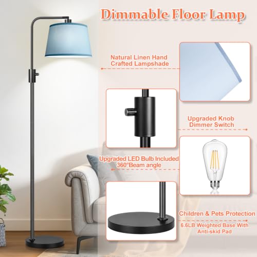 Image of 【Upgraded】 Dimmable Black Floor Lamp, 1000 Lumens LED Edison Bulb Included, Arc Black Floor Lamps for Living Room Modern Standing Lamp with Sky Blue Shade, Tall Lamps for Living Room Bedroom Office