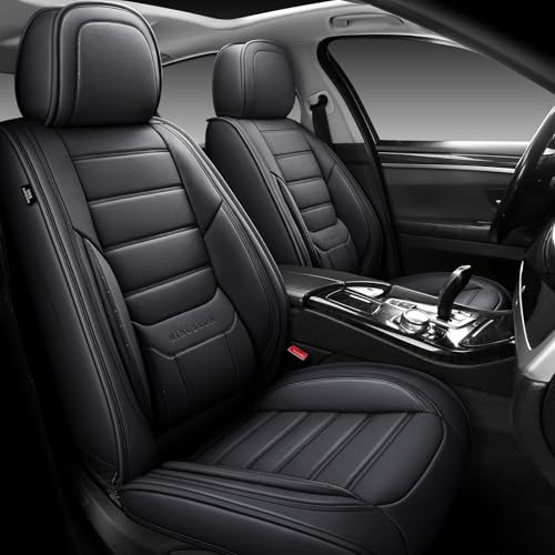 Image of MINGBRON Black Car Seat Cover with Lumbar Support, Car Seat Protector Waterproof, Nappa Leather Car Seat Cushion, Car Seat Covers Front Seats and Back Fit for Most Cars