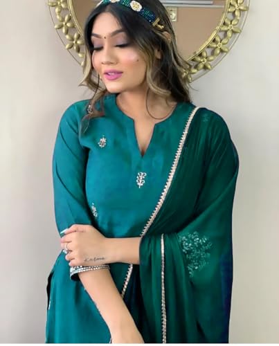 Image of Women Premium Collection Rayon Embroidered Straight Kurta Pant Dupatta Festive Ethnic Apparel Set